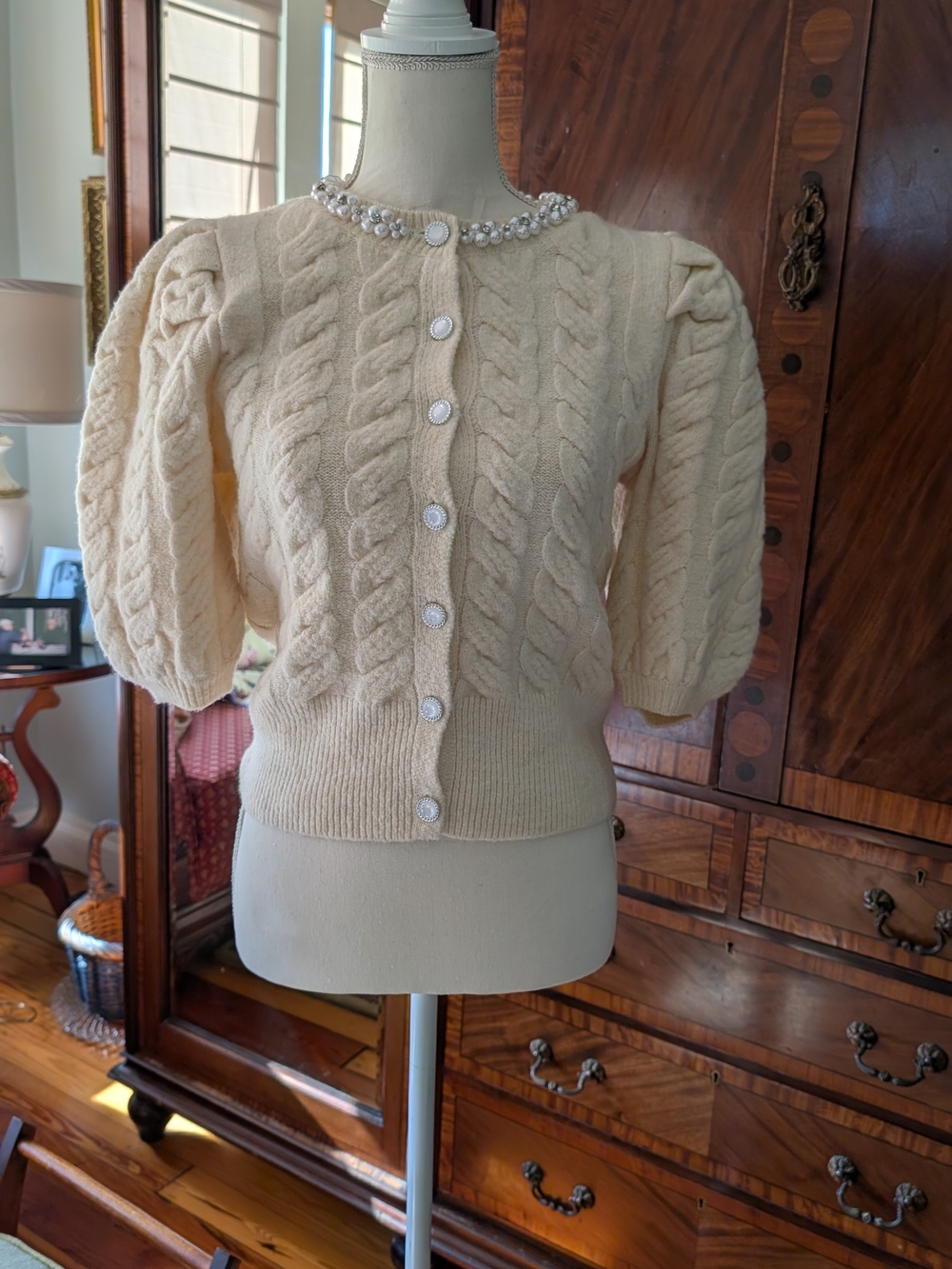 Sugarlips Cream Cable Knit Puff Sleeve Cardigan with Pearl Buttons